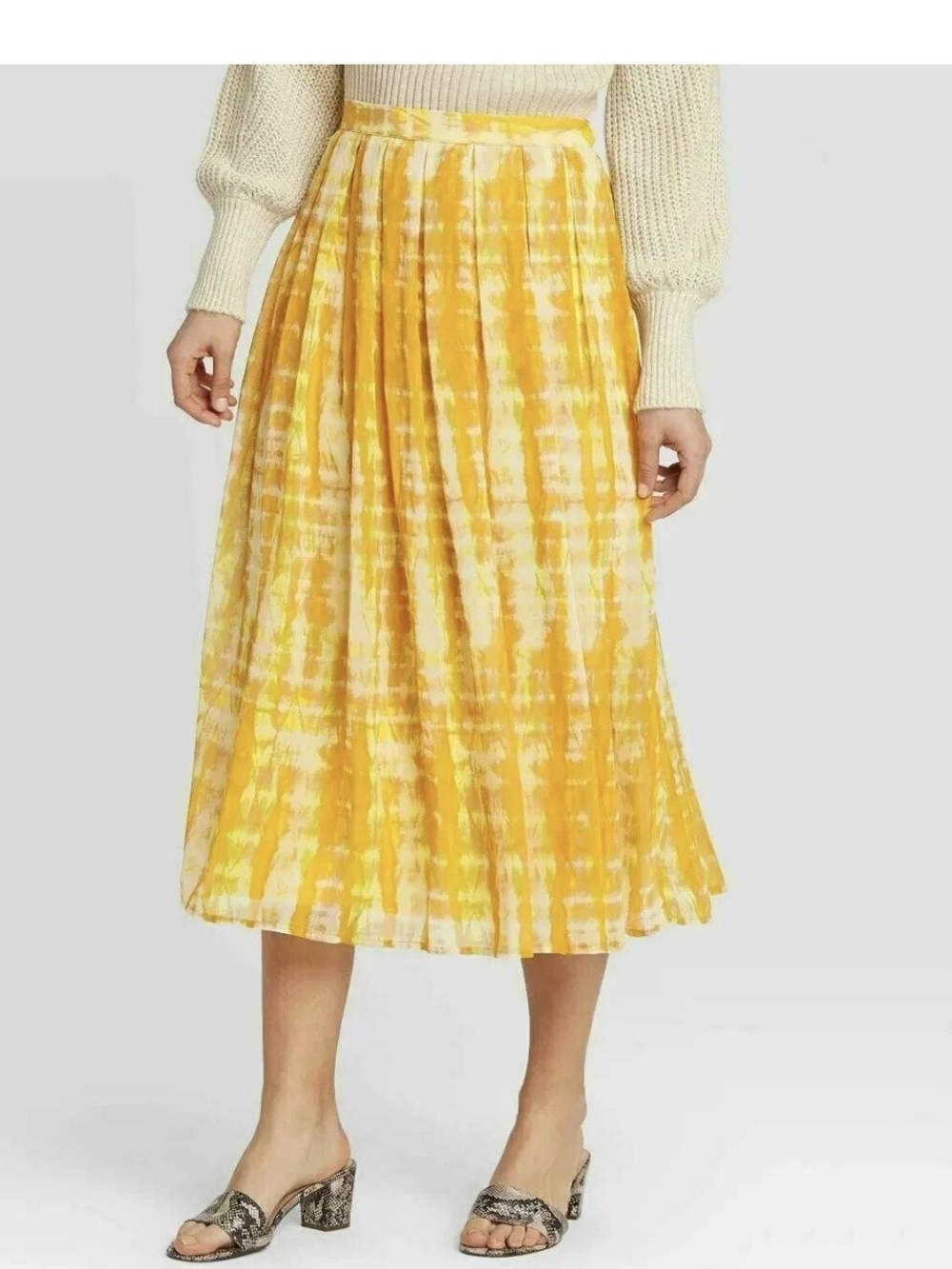 Who What Wear Tie-Dye Flowy Pleated Midi Skirt in Yellow